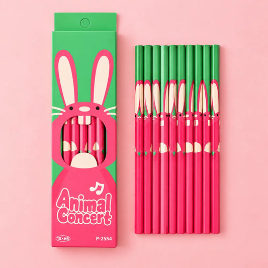 Kawaii Bunny Pencil Set with 10 HB pencils in pink and green design.