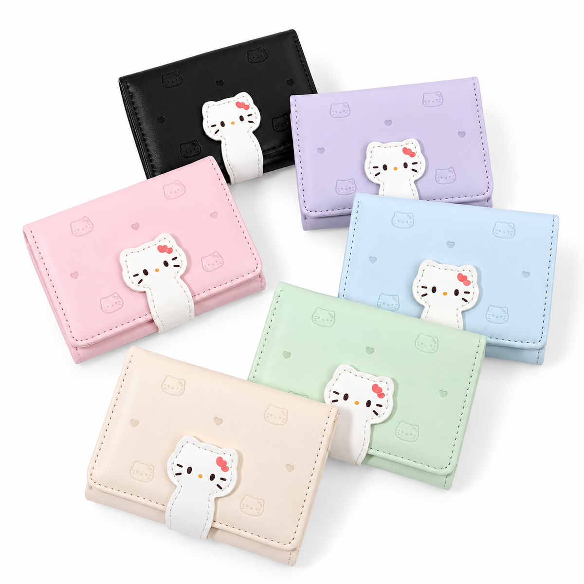 Kawaii Cat Mini Wallet with cute cat-shaped closure, available in pink, purple, blue, green, beige, and black at Diecutsmart.