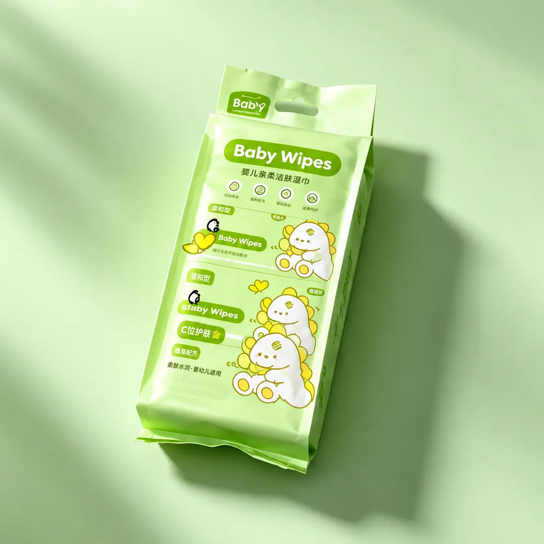 A package of Baby Wipes soft cleaning wipes in a light green bag with cartoon dinosaur illustrations, photographed on a matching light green background with soft shadows.