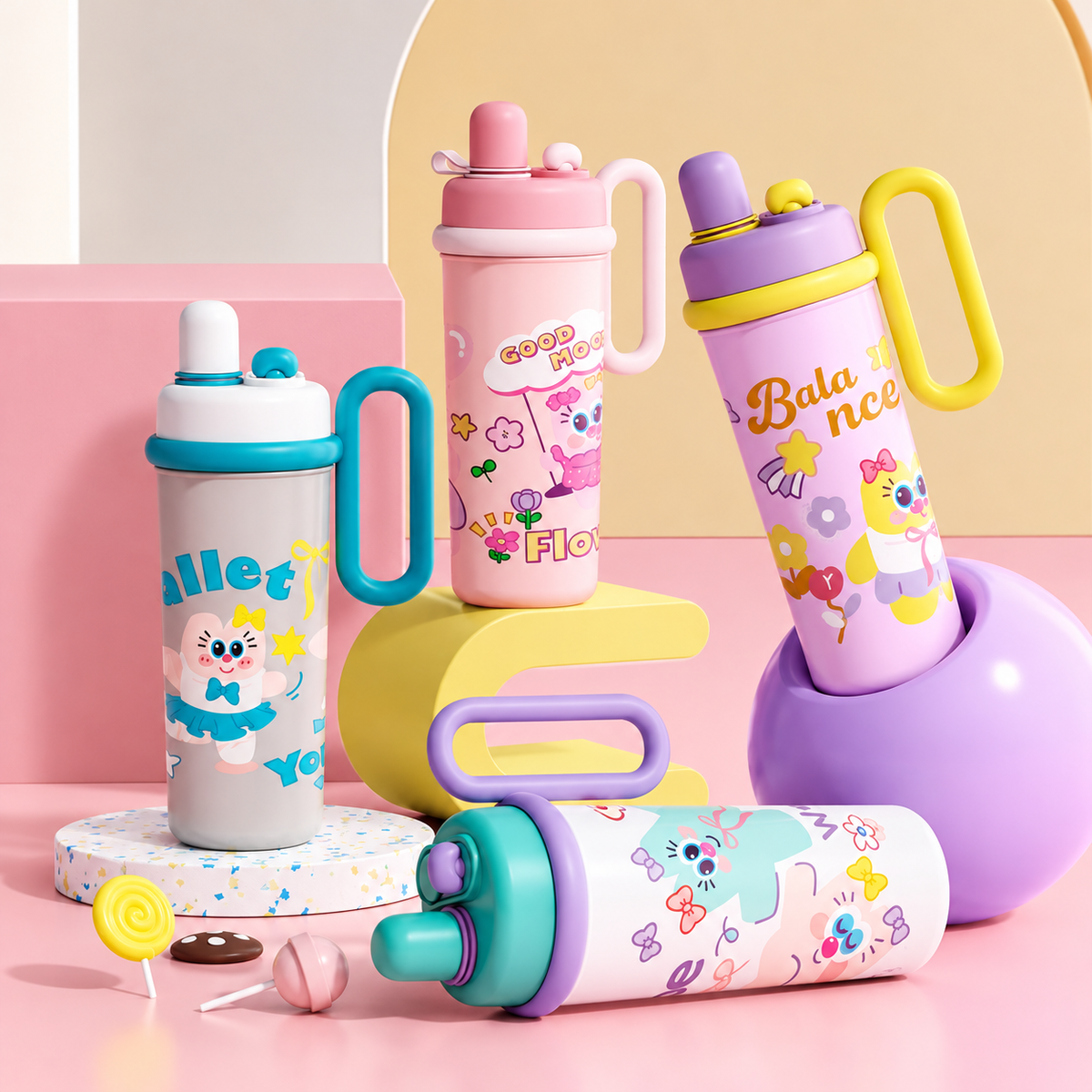 Kawaii dual drink insulated tumbler with cute cartoon prints, pastel colours, straw drinking lid and easy-carry handle.