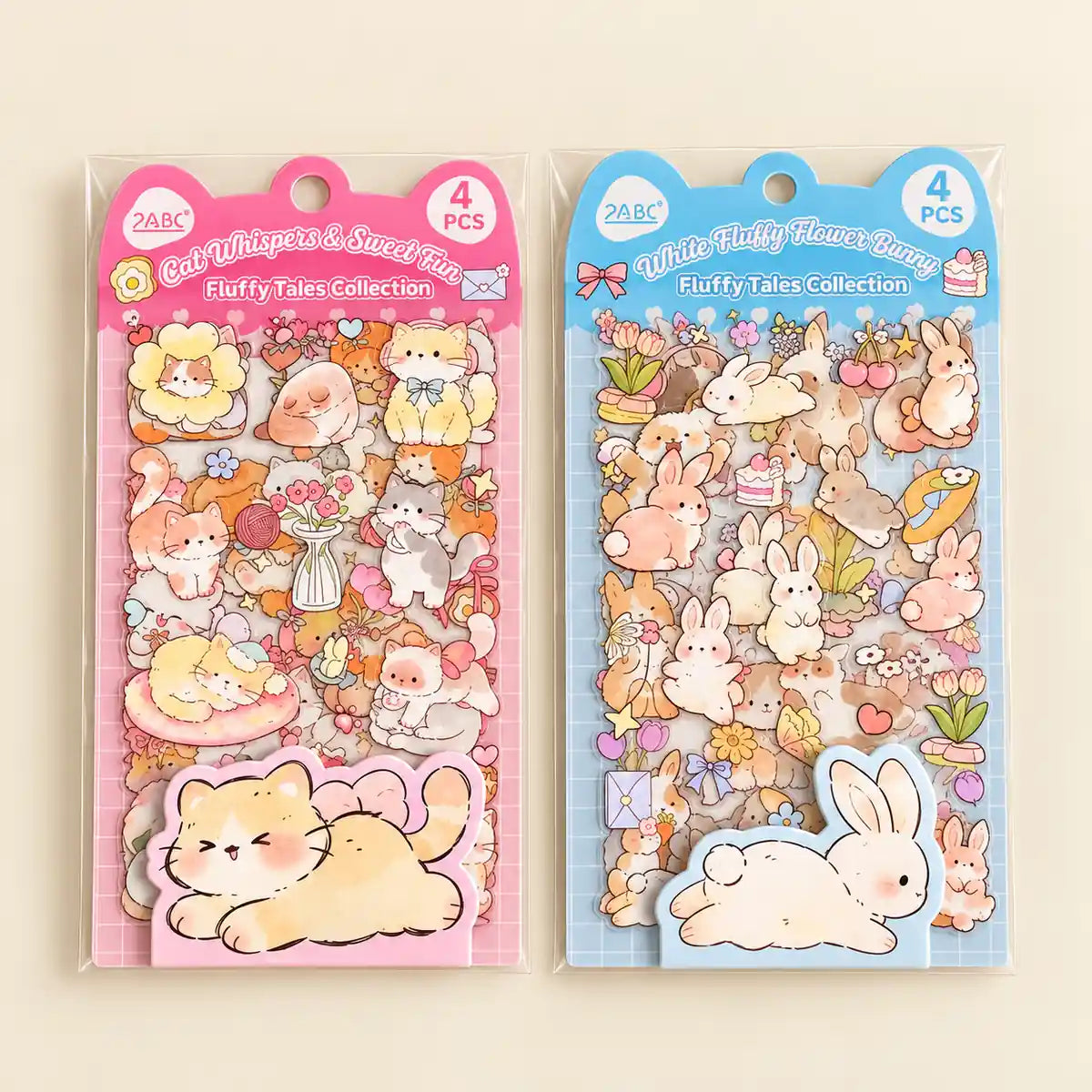 Two packages of cute cartoon stickers on a light beige background. The left package is pink and labeled 'Cat Whispers & Sweet Fun Fluffy Tales Collection' with orange accents, featuring cat illustrations.