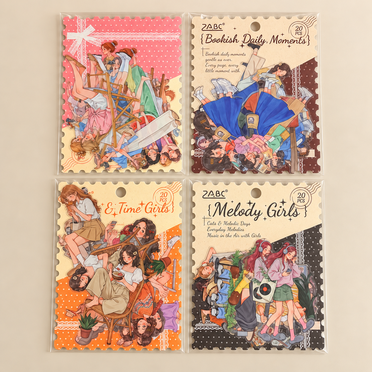 Four packaged sticker sheets arranged in a 2x2 grid on a light beige background. The sheets feature retro anime-style girl illustrations with titles including 'Bookish Daily Moments', 'Et.