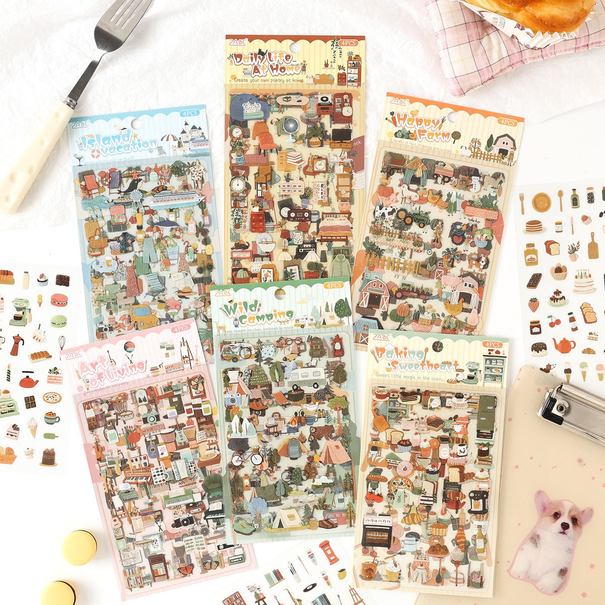 Kawaii lifestyle sticker set with 4 sheets of cute mini stickers for journaling and scrapbooking