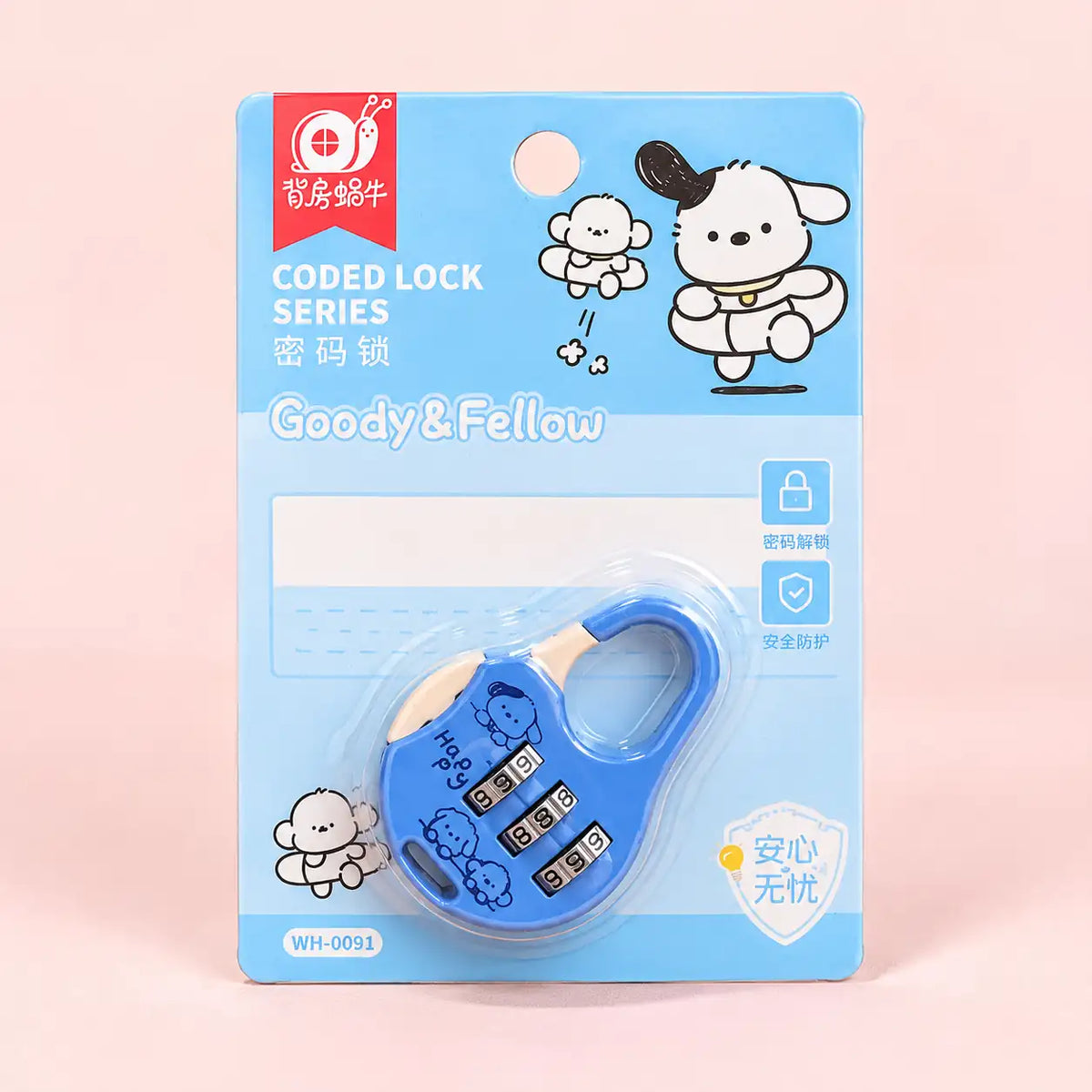 Kawaii Mini Password Lock in pastel blue with cute puppy design and 3-digit combination, perfect for bags, backpacks and lockers.