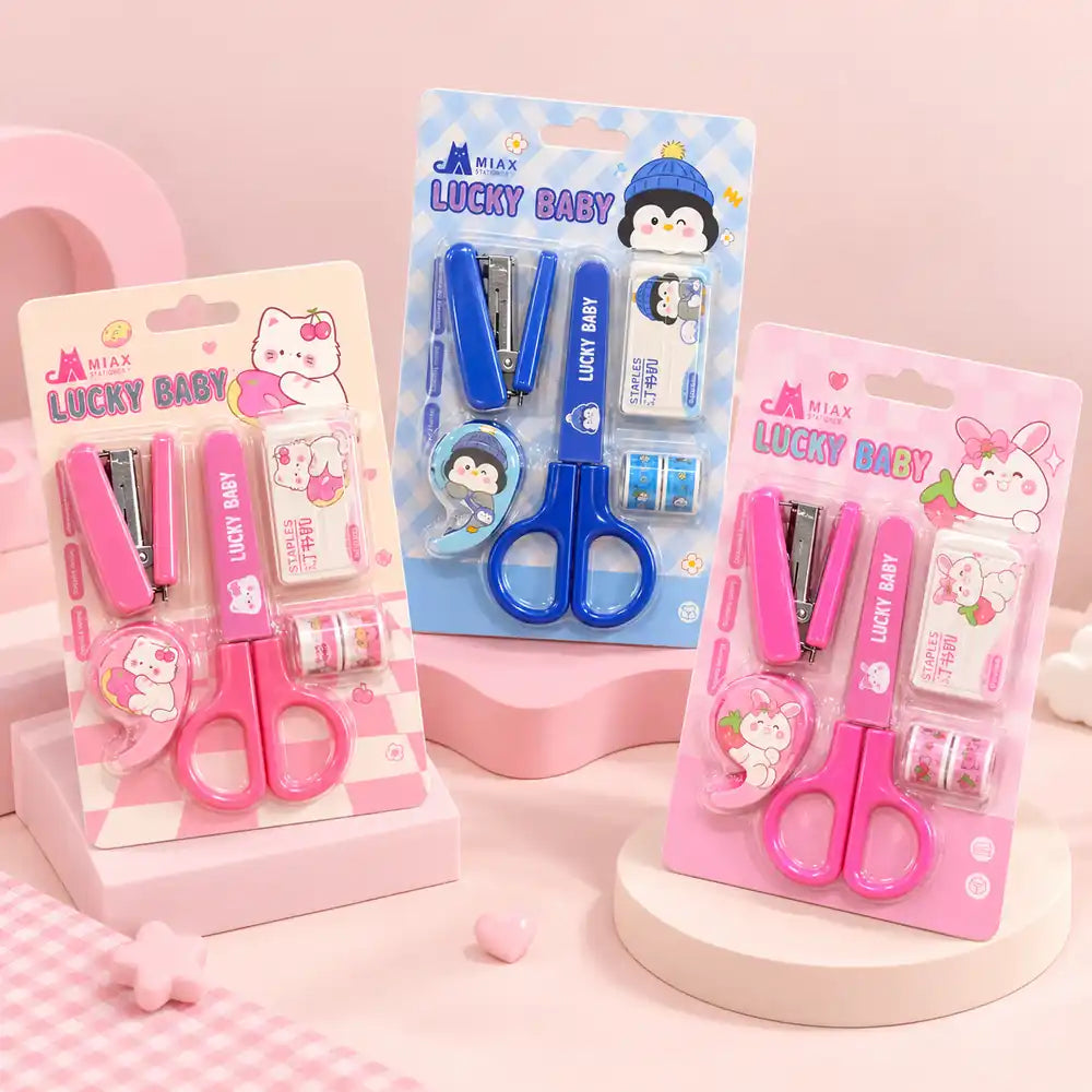 Kawaii pink mini stationery set with scissors, stapler, staples and decorative tape