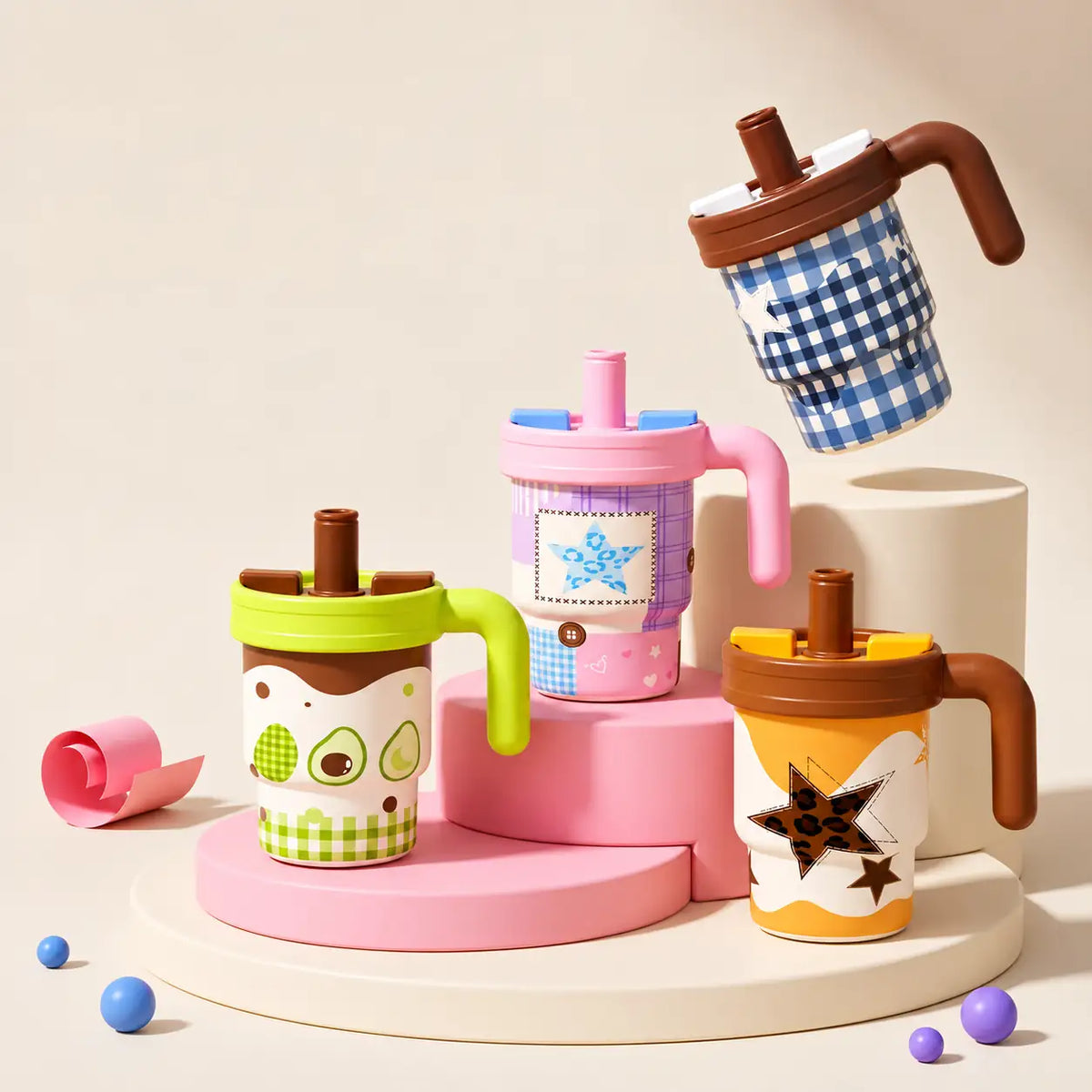 Kawaii Mini Tumbler 650ml with cute pastel designs, easy-grip handle and straw opening, available in four adorable styles.