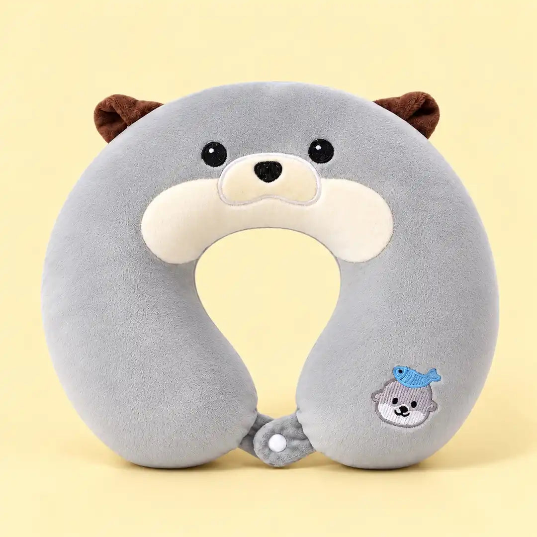 Kawaii otter plush neck pillow with soft U-shaped travel support in brown and grey.