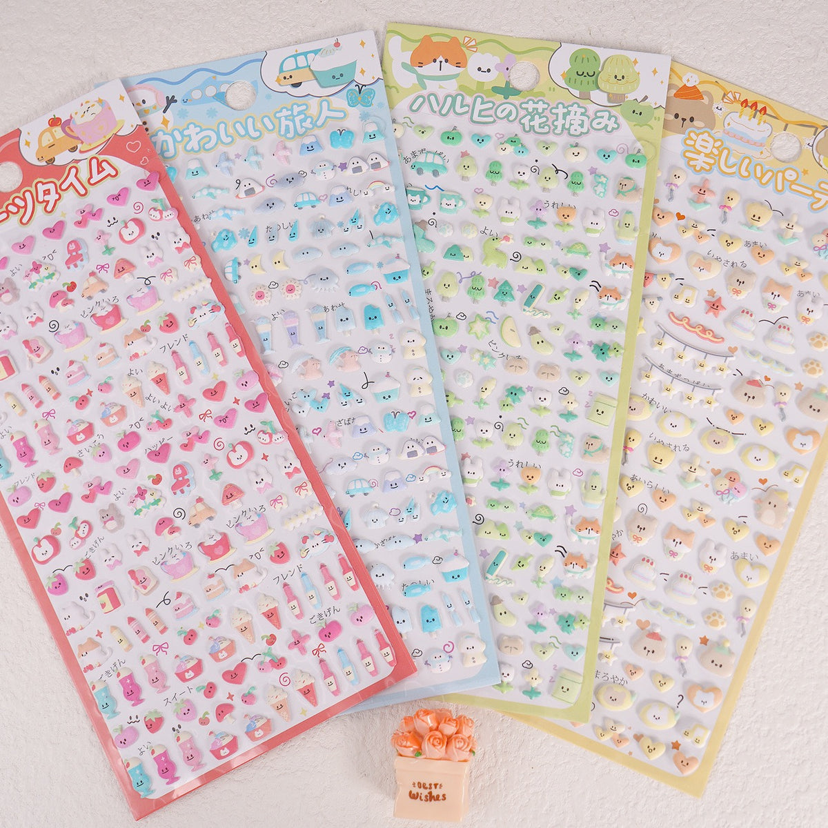 Kawaii 3D puffy sticker sheets with colourful mini characters, fruits, animals and food designs