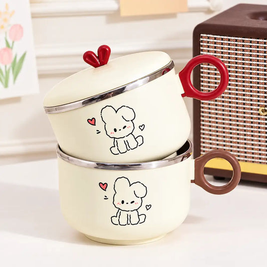 Kawaii puppy stainless steel noodle bowl with lid and round handle in red and brown variants