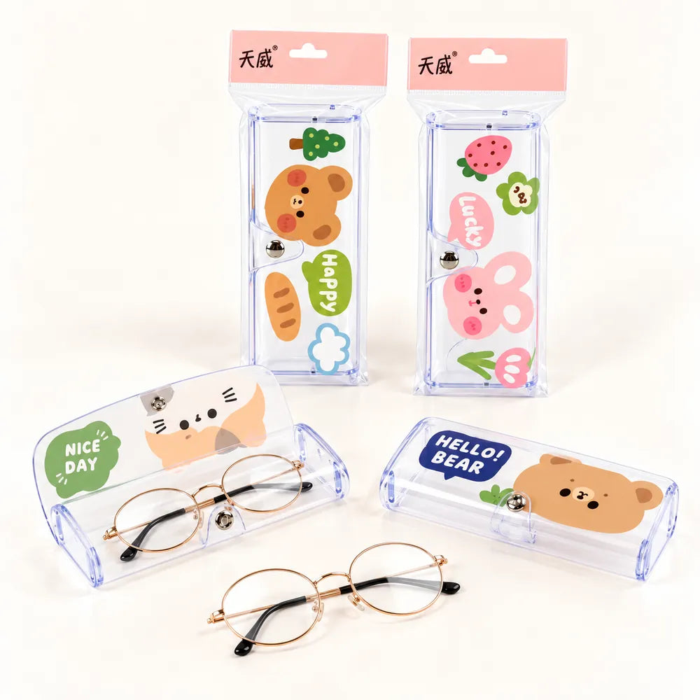 Kawaii transparent eyeglass case with cute bear, bunny and colorful character designs.