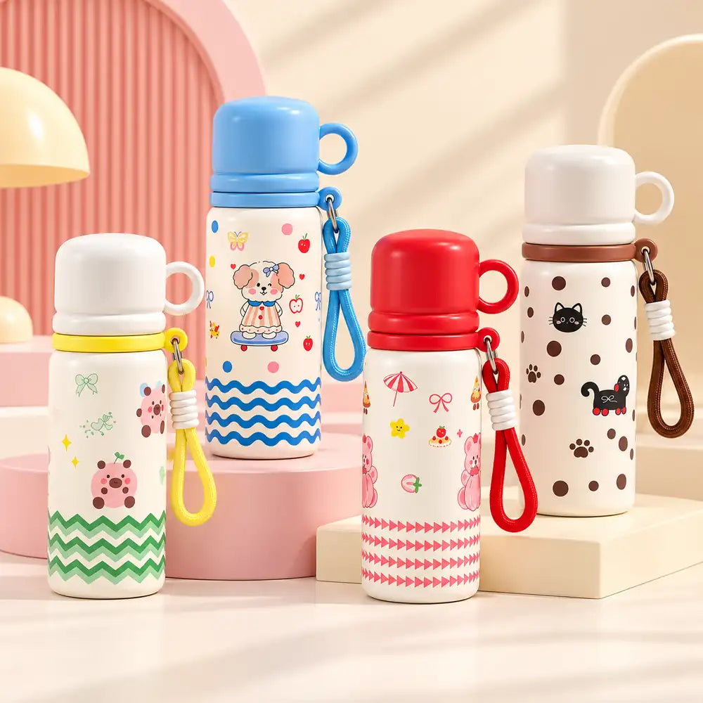 Kawaii Insulated Mini Tumbler with cute cartoon prints, stainless steel lining, colourful lids and portable carrying straps.