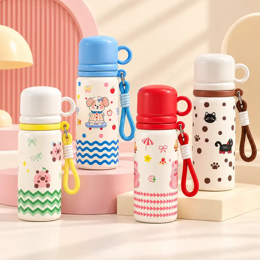 Kawaii Insulated Mini Tumbler with cute cartoon prints, stainless steel lining, colourful lids and portable carrying straps.