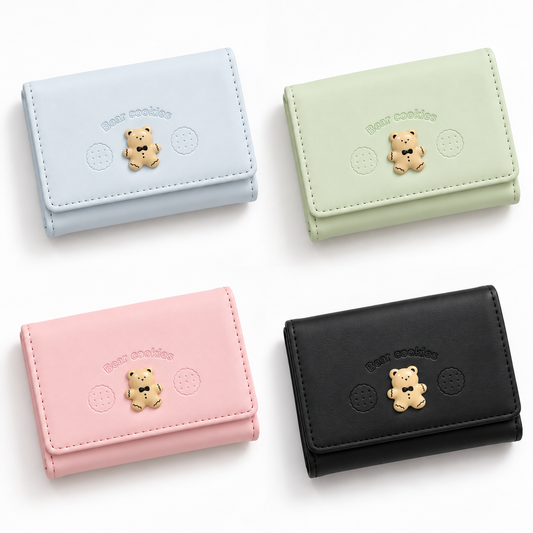 Cute Korean style mini wallet with teddy bear design, card slots, and ID holder, available in pastel blue, green, pink, and black.