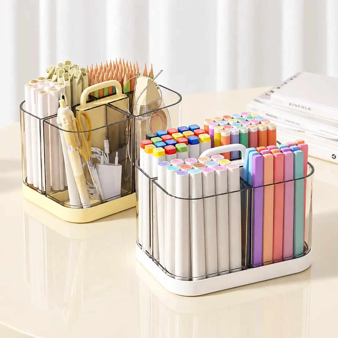 Clear multipurpose desk organizer with compartments for pens, markers, pencils and stationery supplies.
