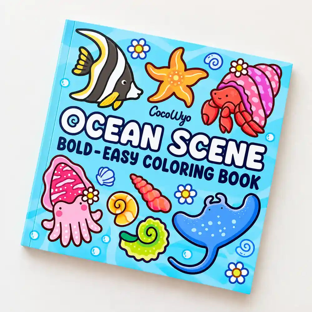 Ocean Scene bold and easy 24-page coloring book with cute sea animal illustrations