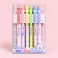 A 6-pack of pastel-colored high lighters in a clear plastic package, featuring pink, blue, yellow, and purple designs with plaid patterns and cute text like 'Nurse', 'Nice day', 'Sweet', and 'Coolie' on a pink background.