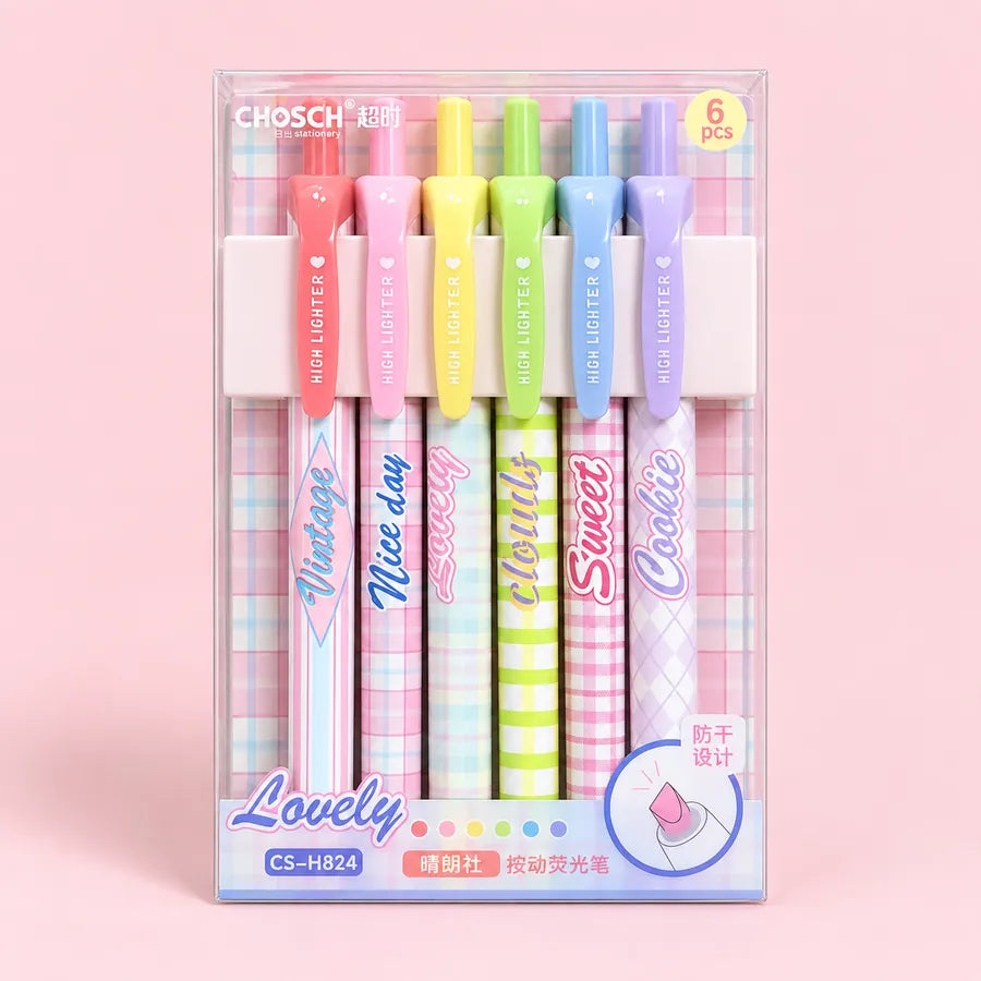 A 6-pack of pastel-colored high lighters in a clear plastic package, featuring pink, blue, yellow, and purple designs with plaid patterns and cute text like 'Nurse', 'Nice day', 'Sweet', and 'Coolie' on a pink background.