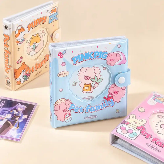 Kawaii Pet Family Photo Album featuring cute pastel animal designs, transparent photo pockets, and snap-button closure.