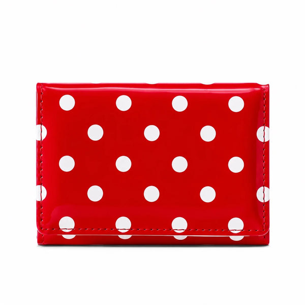 Cute red Polka Dot Wallet with glossy finish, white polka dot pattern, card slots, and clear ID window.