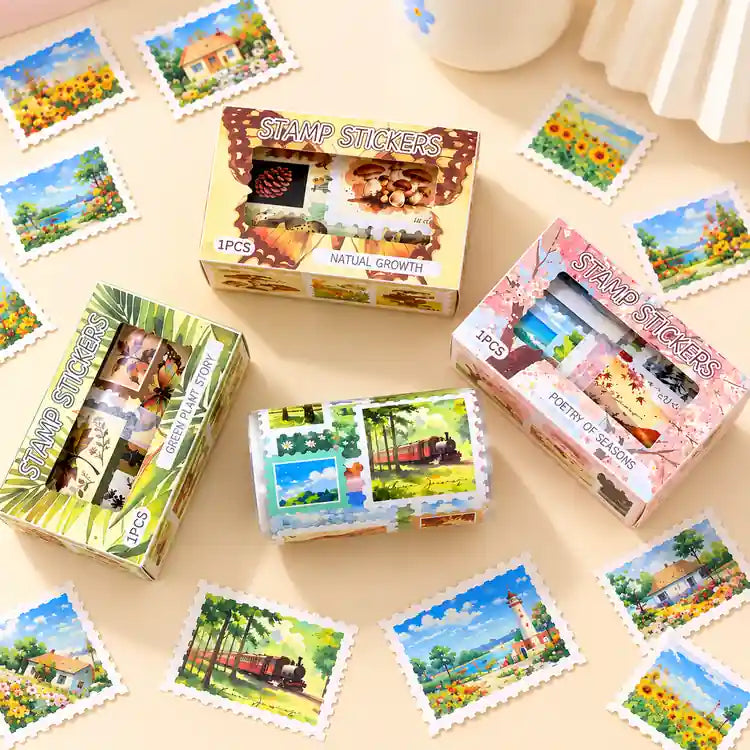 Retro stamp sticker roll with assorted scenic, botanical and vintage-style designs.