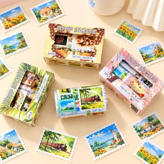 Retro stamp sticker roll with assorted scenic, botanical and vintage-style designs.