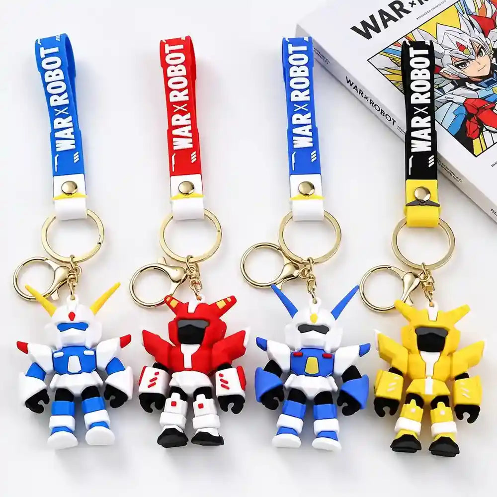 Colourful 3D robot warrior keychain with gold-tone keyring and strap