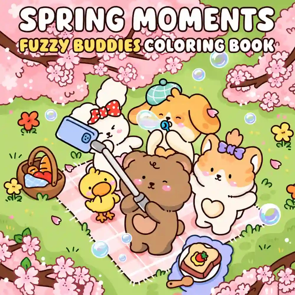 Spring Moments Fuzzy Buddies coloring book with 40 cute animal coloring pages