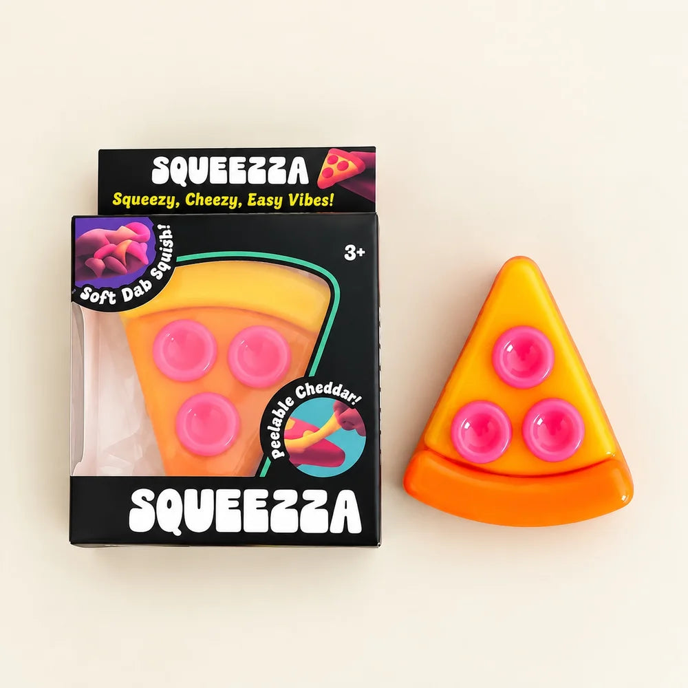 Squeezza Pizza Squishy Toy with pink toppings, orange crust and colorful packaging.