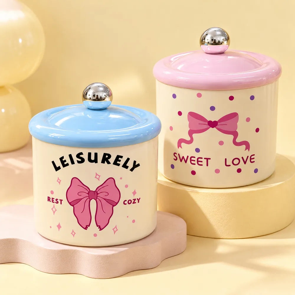 Sweet Bow Storage Jar with pastel pink and blue lids and cute bow design