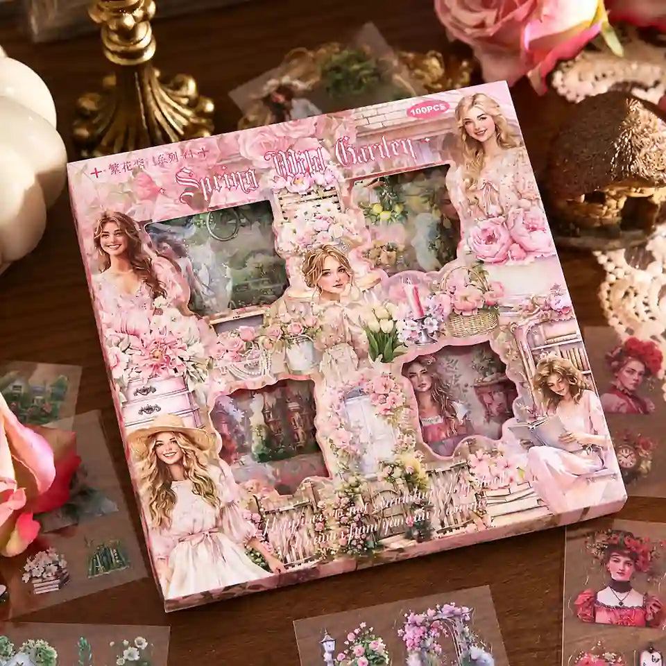 Vintage Garden 100 pcs aesthetic sticker box for journaling and scrapbooking