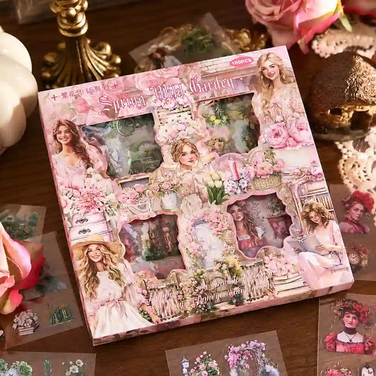 Vintage Garden 100 pcs aesthetic sticker box for journaling and scrapbooking